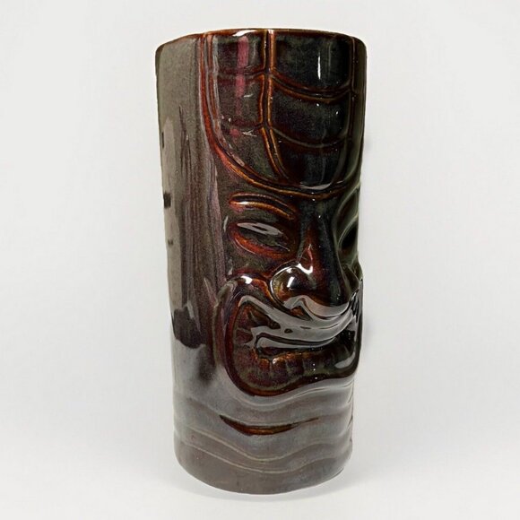 Hawaiian Tiki Face Mug Green & Brown Glaze Ceramic Cup 16 oz - Picture 1 of 7